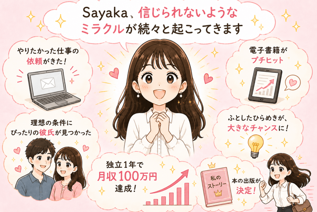 alt="引き寄せの法則を実践した結果、仕事の依頼、理想の恋人との出会い、独立1年で月収100万円達成、電子書籍のヒット、本の出版決定など、人生に次々と嬉しい変化が訪れたことを表現したイラスト"