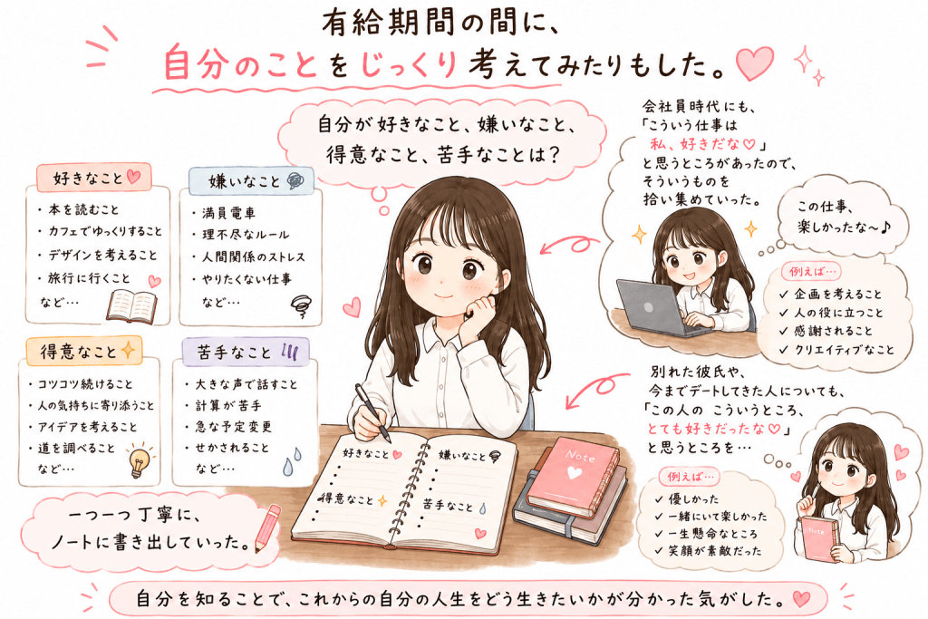 alt="退職後の有給期間に、自分の好きなこと・嫌いなこと・得意なこと・苦手なことを整理し、仕事や恋愛を振り返りながら、これからの人生で本当に大切にしたいことを見つけるSayaka.さんを描いたイラスト"