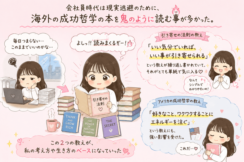 alt="会社員時代に海外の成功哲学や引き寄せの法則の本を読み、「いい気分でいればいいことが引き寄せられる」「好きなことにエネルギーを注ぐ」という教えに影響を受けた体験を描いたイラスト"