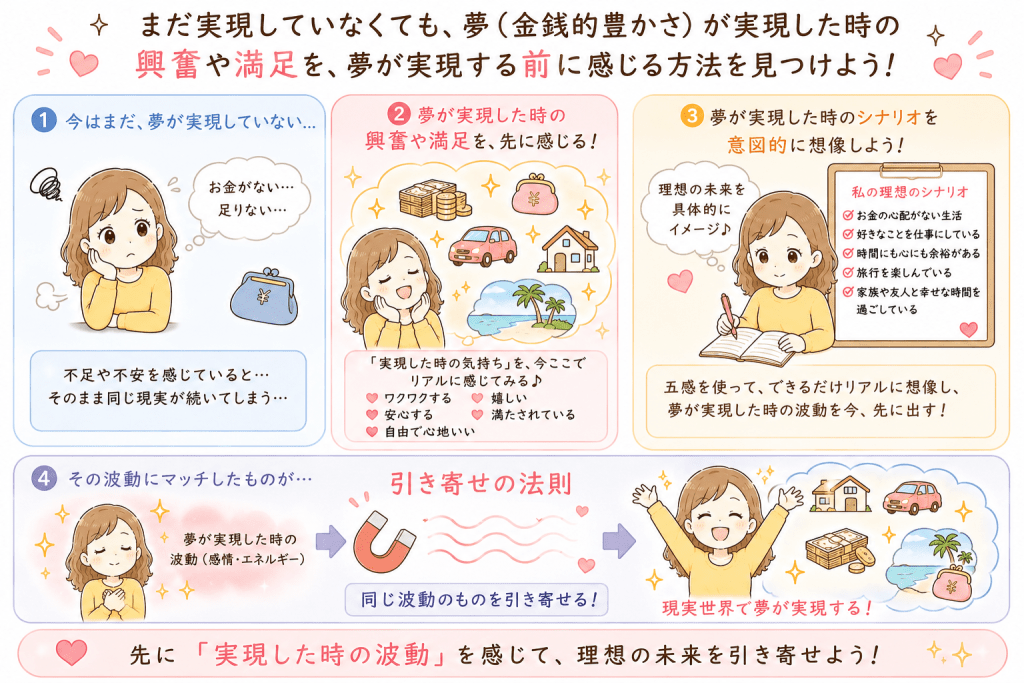 alt="夢が実現した時の喜びや豊かさを先に感じ、理想の未来を想像することで引き寄せの法則を活用する方法を解説したイラスト"