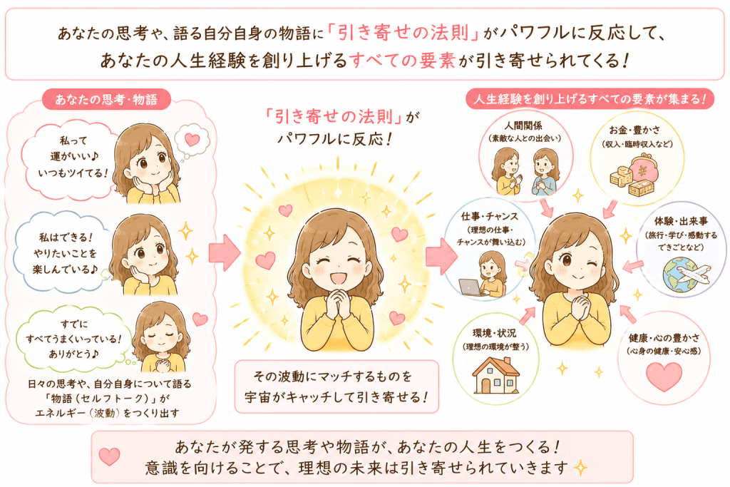 alt="思考やセルフトーク(自分自身の物語)が人生経験をつくり、引き寄せの法則によって現実が形づくられる仕組みを解説したイラスト"