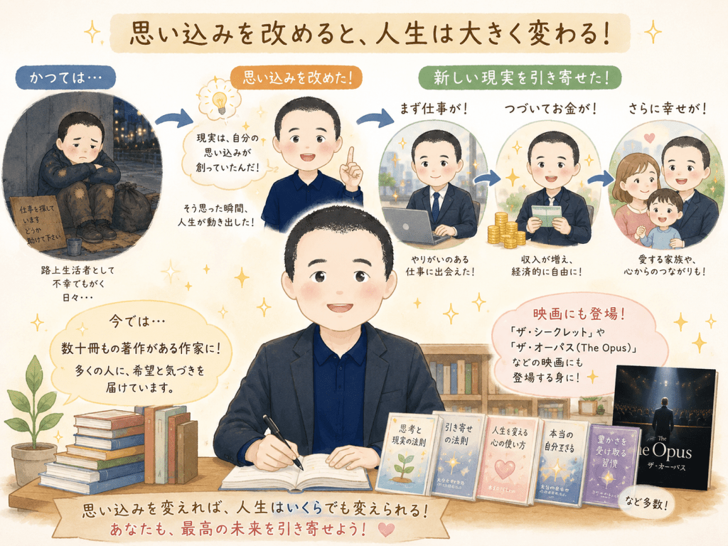 alt="かつて路上生活をしていた男性が思い込みを改めたことで、仕事やお金、幸せを引き寄せ、数十冊の著書を持つ作家となり映画にも登場するまで人生を変えた過程を描いたイラスト"
