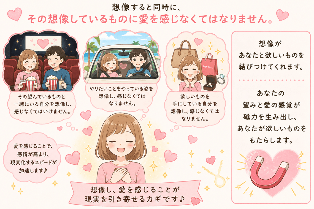 alt="望みが実現した自分を想像すると同時に愛を感じることで、望みと愛の感覚が磁力を生み出し、欲しいものを引き寄せる仕組みを説明するシンプルで可愛いイラスト"