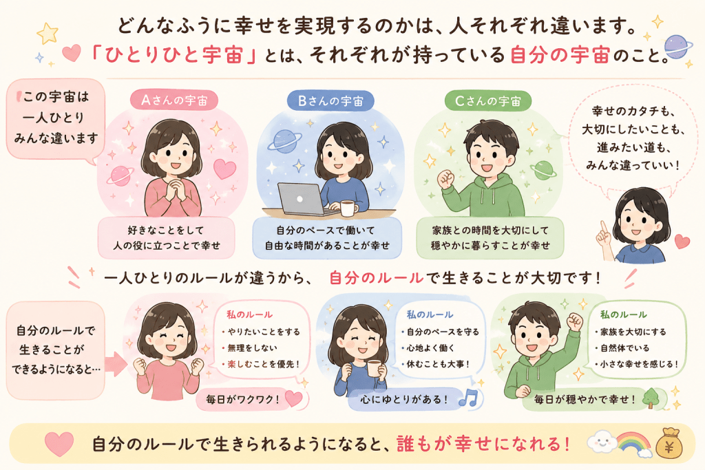 alt="一人ひとり異なる自分の宇宙を持ち、自分のルールで生きることで幸せになれる「ひとりひと宇宙」を説明したイラスト"