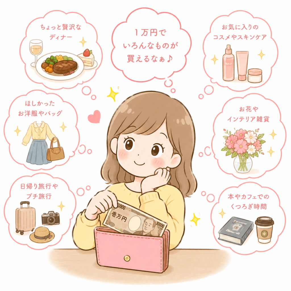alt="1万円札を手に、ディナーや旅行、洋服、コスメ、本など1万円で買えるさまざまな楽しみを思い浮かべる女性のイラスト"
