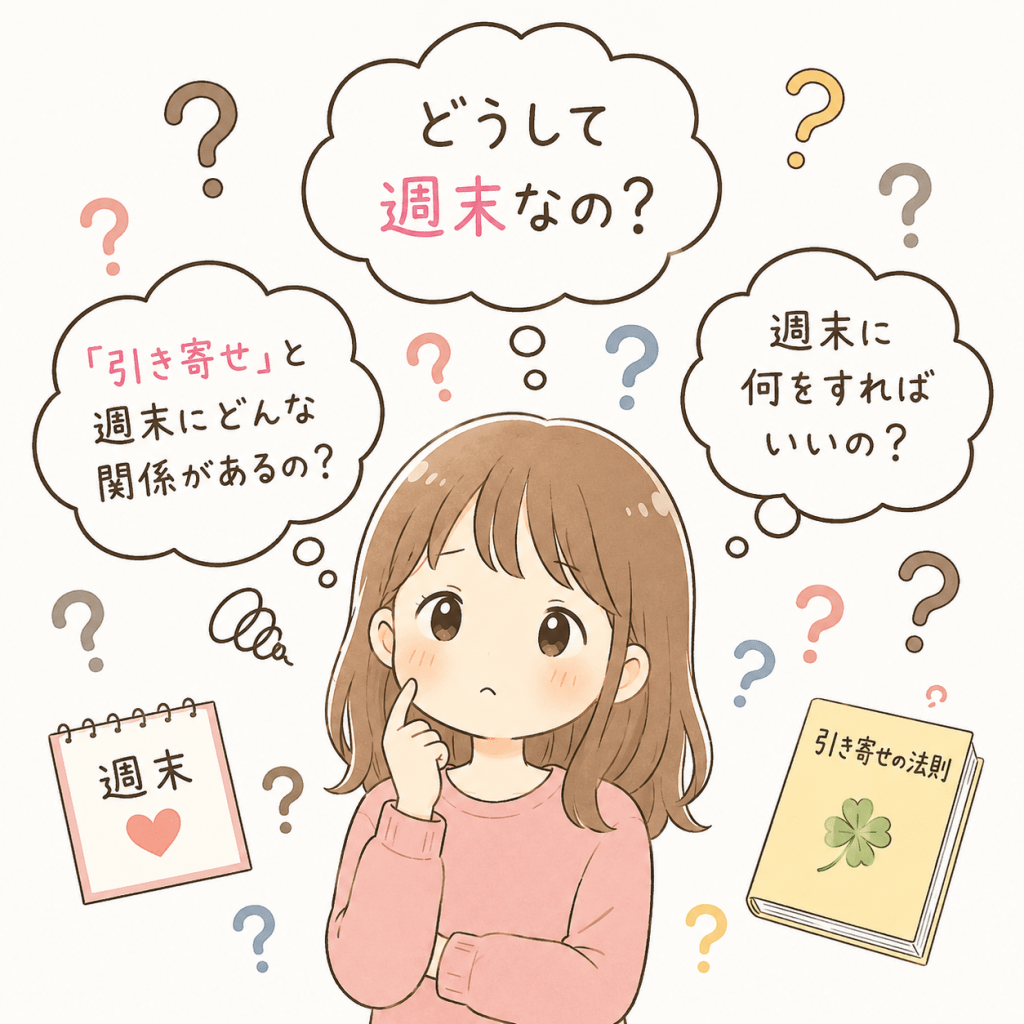 alt="どうして週末なの?」「引き寄せと週末にどんな関係があるの?」と疑問に思い、頭の中にはてなマークを浮かべて考え込む女の子のイラスト"