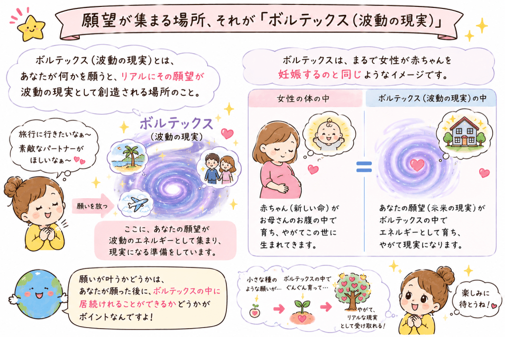 alt="ボルテックス（波動の現実）とは、願いを放つと見えない世界で願望が創造され、現実になる準備が始まる場所であることを、妊娠を例えにして解説した可愛いイラスト"