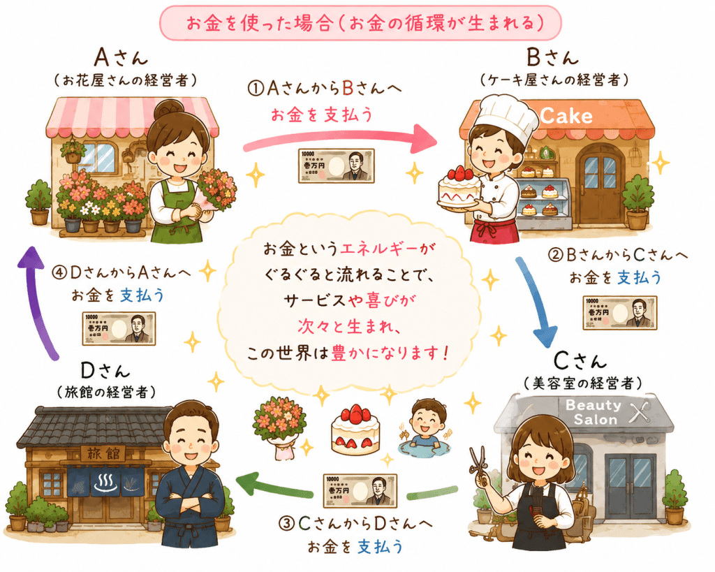 alt="お花屋さん・ケーキ屋さん・美容室・旅館の4人の間でお金が循環し、お金の流れがサービスと豊かさを生み出すことを説明した可愛いイラスト"