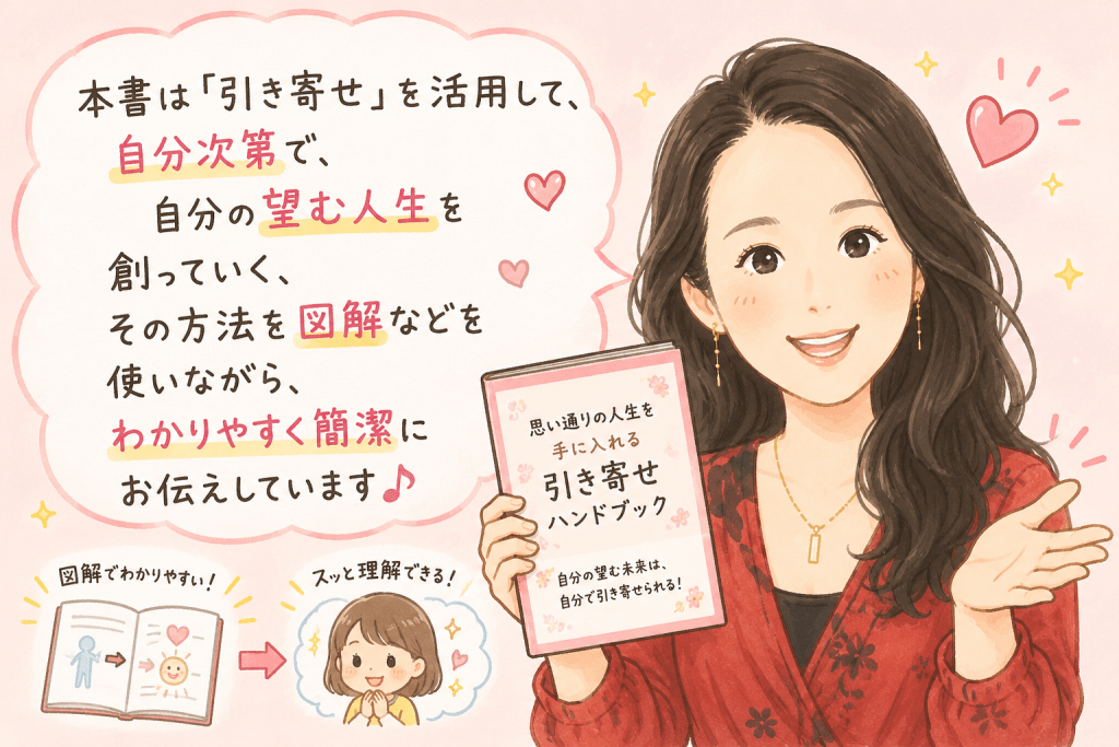 alt="『思い通りの人生を手に入れる 引き寄せハンドブック』の著者・奥平亜美衣さんが、引き寄せの法則を活用して理想の人生を創る方法を、初心者にも分かりやすく伝えているイラスト"