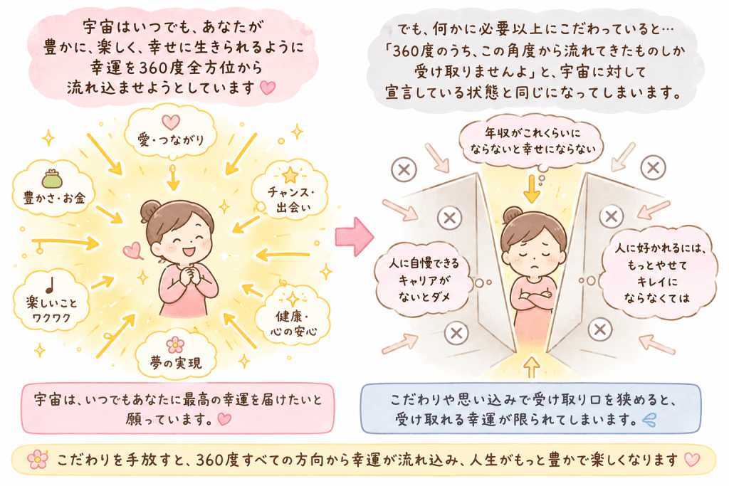 alt="宇宙から360度全方位に流れ込む幸運を、強いこだわりや思い込みによって受け取れる方向を狭めてしまう状態を説明するイラスト"