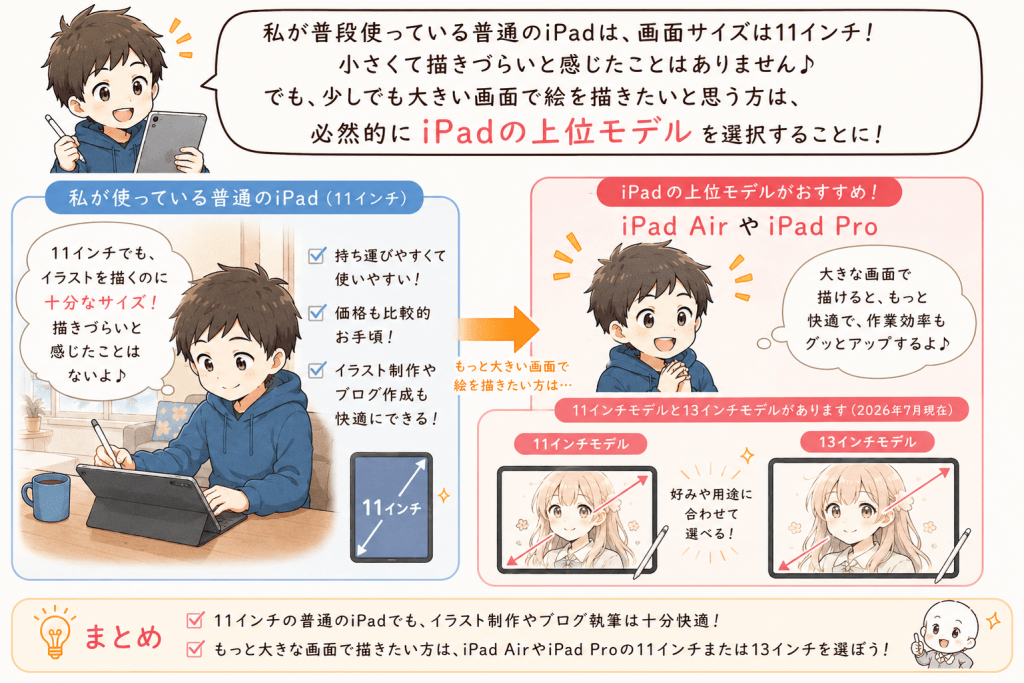 alt="11インチの通常モデルのiPadでも快適にデジタルイラストを描ける一方、より大きな画面で描きたい人には11インチと13インチがあるiPad AirやiPad Proがおすすめだと説明するイラスト"