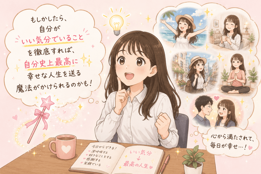 alt="自分がいい気分でいることを徹底すれば、自分史上最高に幸せな人生を送れるかもしれないと気づき、理想の未来を思い描くSayaka.さんのイラスト"