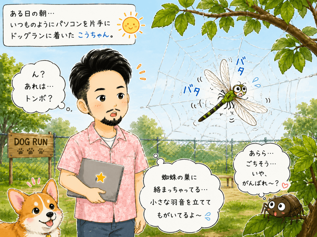 alt="いつものようにパソコンを持ってドッグランへ来たこうちゃんが、蜘蛛の巣に絡まってもがくトンボを見つけた瞬間を描いた可愛いイラスト"