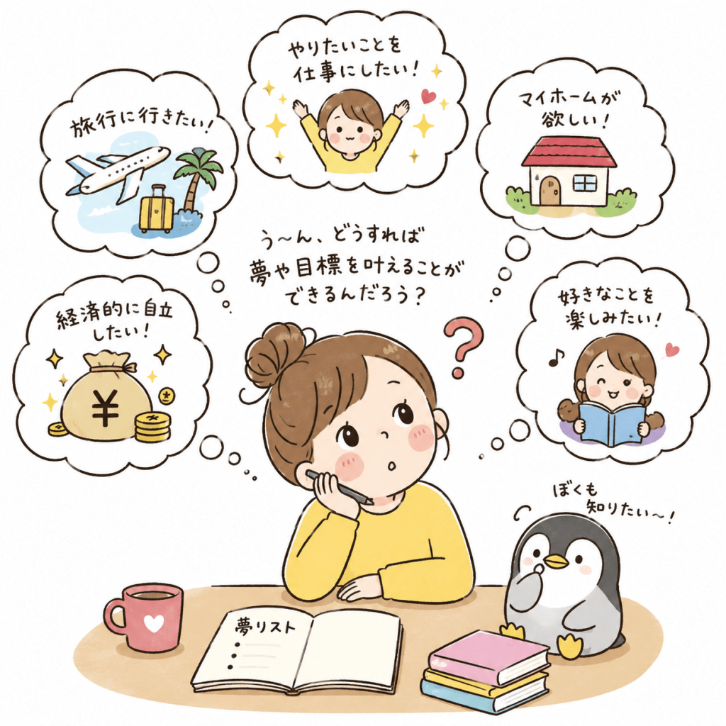 alt="夢や目標をどうすれば叶えられるのかと悩みながら考え込む女性と、一緒に首をかしげるペンギンの可愛いイラスト"