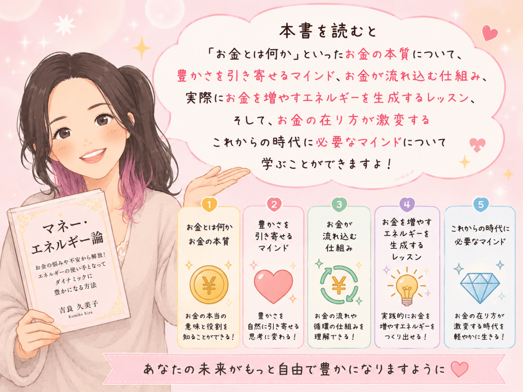 alt="著者・吉良久美子さんが『マネー・エネルギー論』を手に持ち、お金の本質や豊かさを引き寄せる考え方、本書で学べる内容を紹介している可愛いイラスト"
