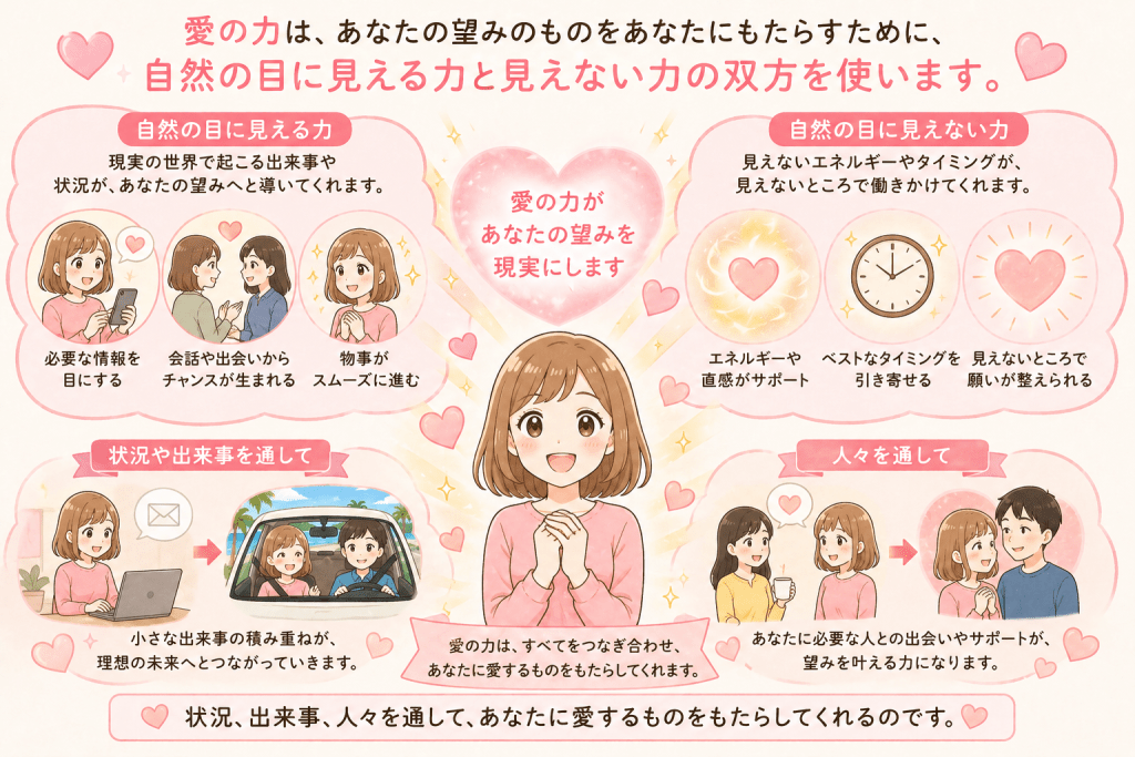 alt="愛の力が目に見える状況や出来事、人々との出会いと、目に見えないエネルギーやタイミングを通して、望むものを引き寄せてもたらす仕組みを説明するシンプルで可愛いイラスト"