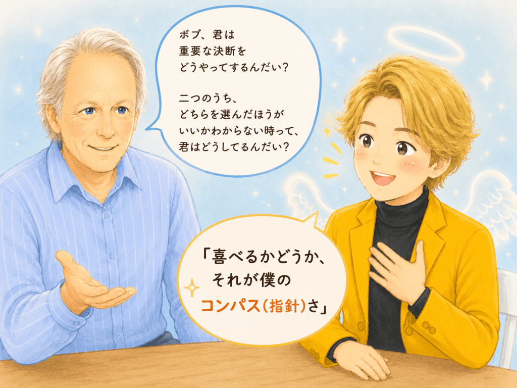 alt="『喜べるかどうかが人生のコンパス』というボブの考え方を、アラン・コーエンさんとの対話で紹介する可愛いイラスト"