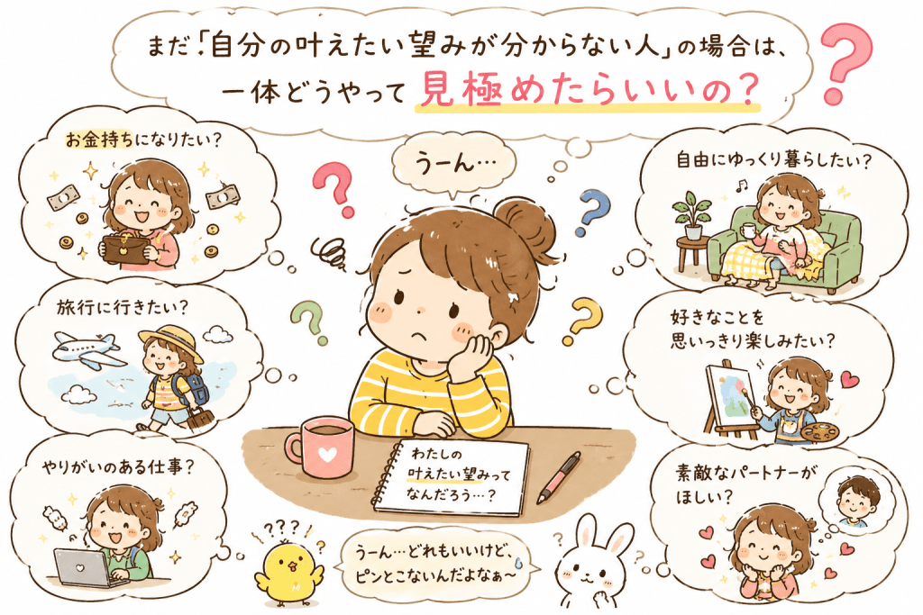 alt="引き寄せの法則で願いを叶えるために、自分の本当の望みが分からず「何を望んでいるのか」を見極めようと悩む様子を表した可愛いイラスト"