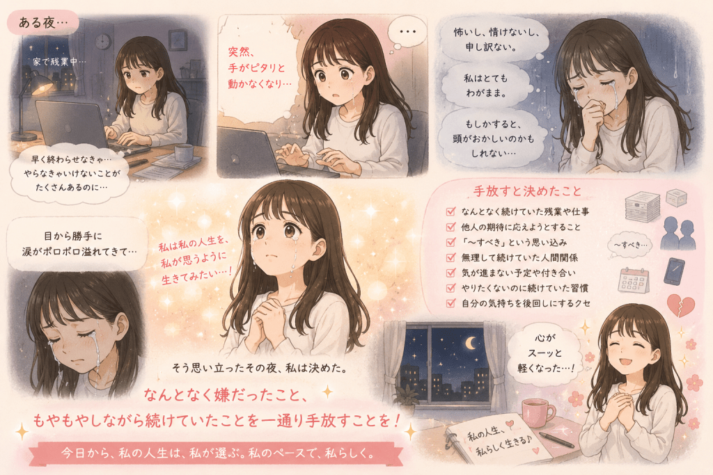 alt="夜遅くまで残業をしていたSayaka.さんが、涙を流しながら自分の人生を自分の思うように生きたいと決意し、嫌だったことやもやもやしながら続けていたことを手放そうと決断するイラスト