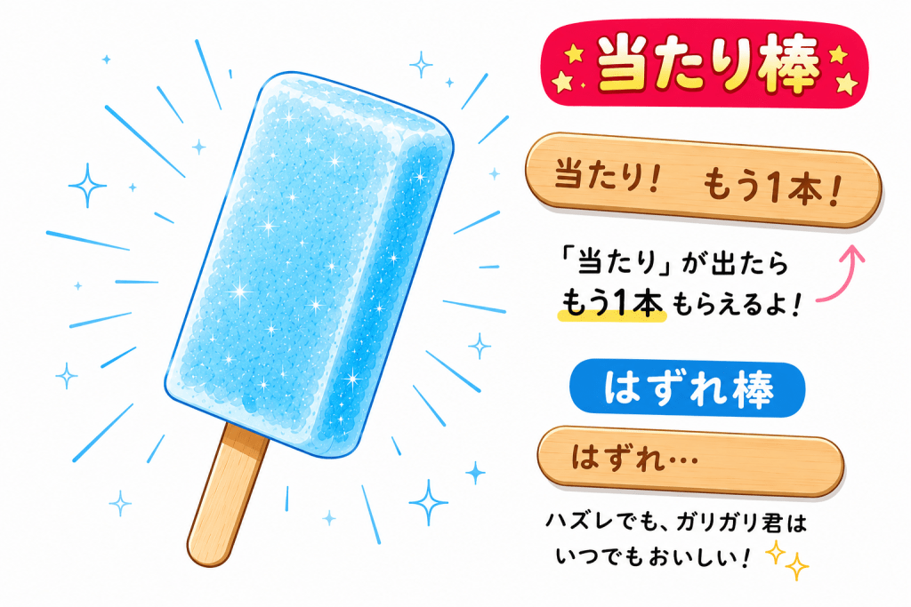 alt="水色のアイスキャンディーと、「当たり棒」「はずれ棒」の木製アイス棒をシンプルに描き、アイスの当たり棒の仕組みをわかりやすく表現した可愛いイラスト"