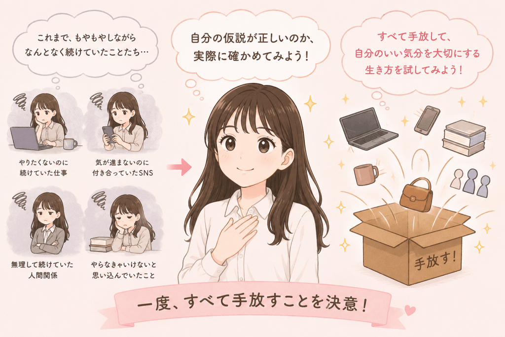 alt="自分の仮説が正しいか確かめるため、もやもやしながら続けていた仕事や人間関係などを一度すべて手放し、自分のいい気分を大切にする生き方を試そうと決意するSayaka.さんのイラスト"