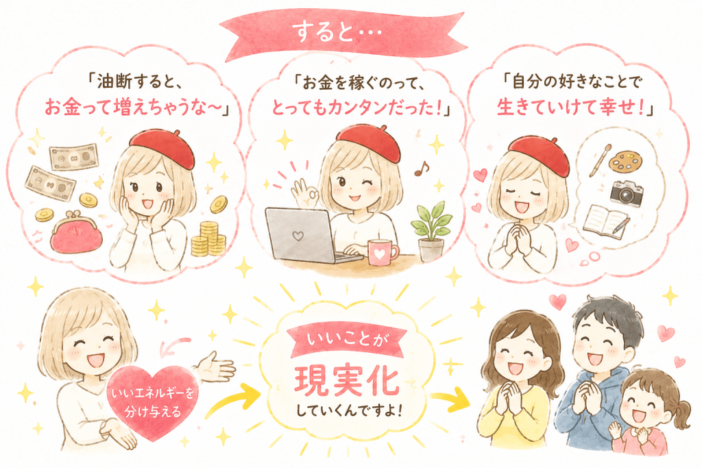 alt="引き寄せの法則で豊かな思考が現実化し、お金・仕事・好きなことが叶い、周囲にも良いエネルギーが広がる様子を表現したイラスト"