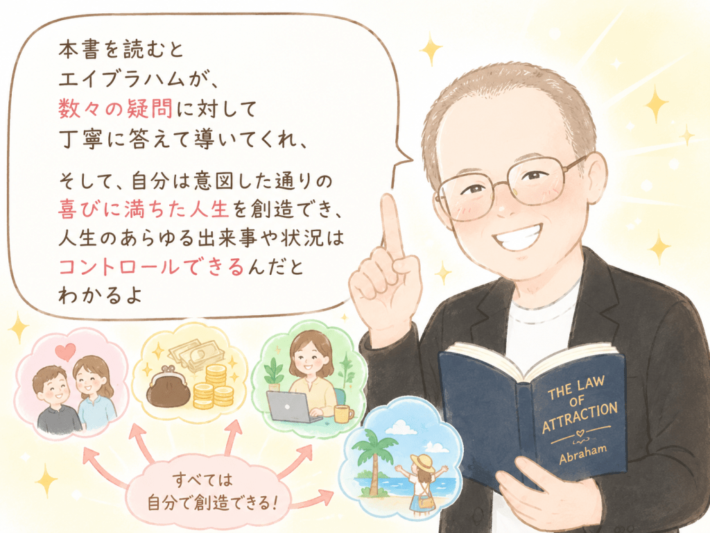 alt="お金と引き寄せの法則』を読むことで、エイブラハムが人生の疑問に丁寧に答え、自分の望む喜びに満ちた人生は自ら創造できることを笑顔で語りかけるイラスト。"