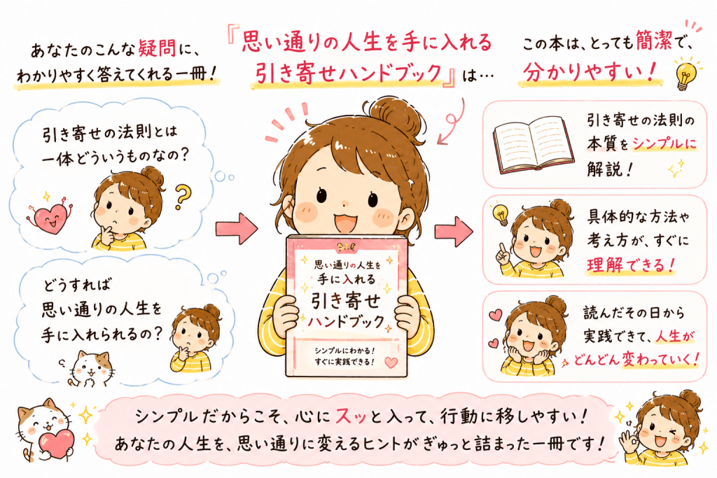 alt="思い通りの人生を手に入れる 引き寄せハンドブック』は、引き寄せの法則とは何か、思い通りの人生を手に入れる方法を初心者にも分かりやすく学べる一冊だと紹介するイラスト"