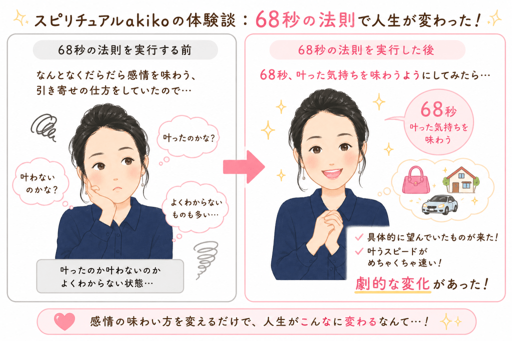 alt="68秒の法則を実践する前後の変化を比較したイラスト。叶った気持ちを68秒間味わうようにしたことで、願いが具体的に叶いやすくなり、引き寄せのスピードが大きく変化した体験を紹介している"