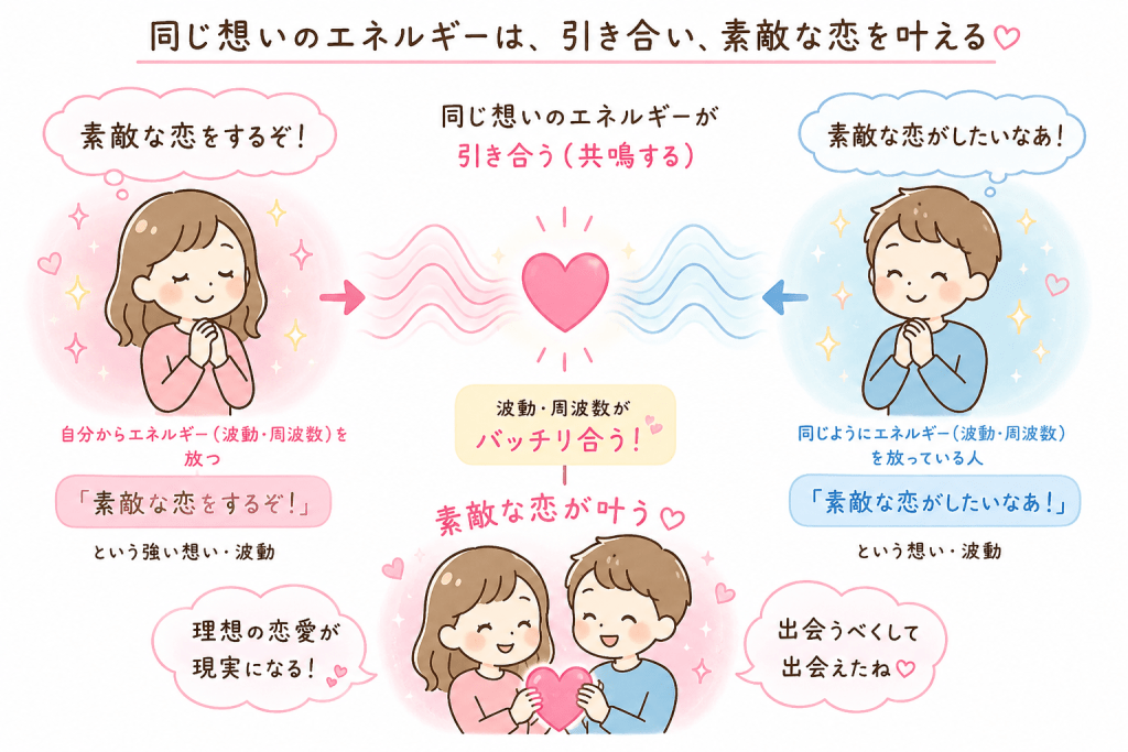 alt="素敵な恋を望む二人のエネルギー(波動・周波数)が共鳴し、引き合うことで理想の恋愛が叶う様子を描いたイラスト"