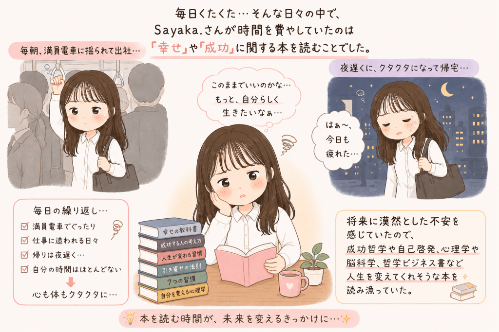 alt="満員電車での通勤や夜遅くまでの仕事に疲れ、将来への漠然とした不安から成功哲学や自己啓発、心理学、脳科学、哲学、ビジネス書など人生を変えてくれそうな本を読み漁る会社員時代のSayaka.さんのイラスト"
