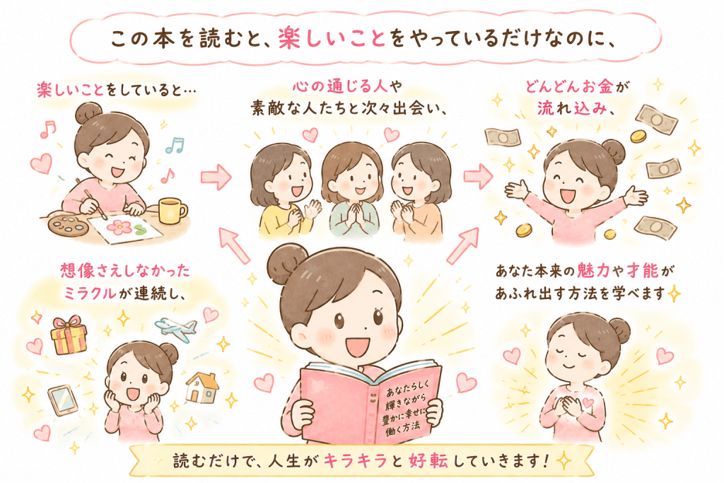 alt="本を読むことで、楽しいことをしながら素敵な人との出会いや豊かさ、思いがけない奇跡を引き寄せ、本来の魅力や才能を開花させる方法を学ぶイラスト"