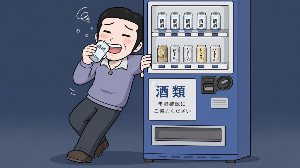 alt="自動販売機にぴったりとくっつき、楽しそうにワンカップを飲む酔っ払い男性のイラスト"