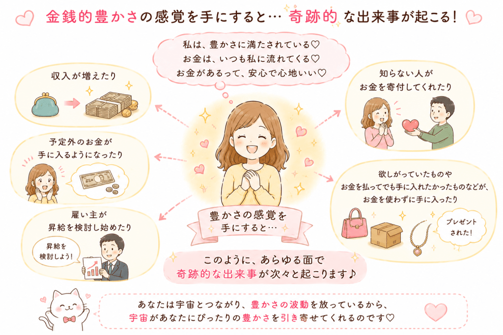alt="金銭的な豊かさの感覚を手に入れることで、収入が増えたり、予定外のお金が入ったり、昇給の機会に恵まれたり、贈り物や欲しかったものが思いがけず手に入ったりと、さまざまな豊かさが訪れることを説明したイラスト"