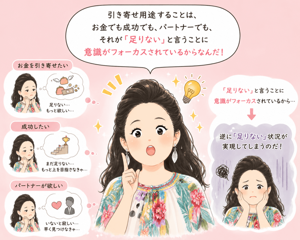 alt="引き寄せよう」と願うことが、お金・成功・パートナーへの『足りない』という意識にフォーカスし、不足の現実を引き寄せてしまう仕組みを解説するイラスト"