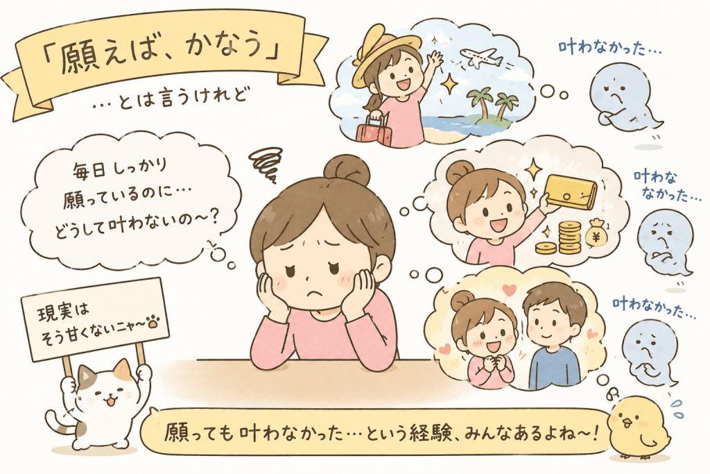 alt="願えば叶うと言われても、願っても叶わなかった経験を多くの人がしていることを表現した可愛いイラスト"