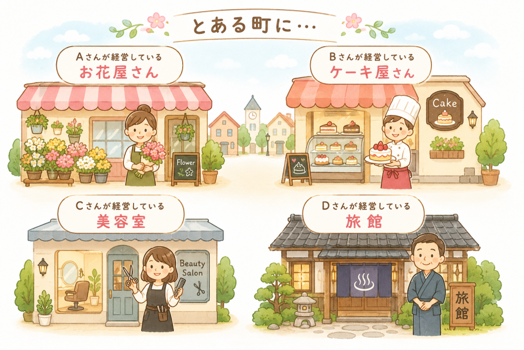alt="とある町にある、Aさんが経営するお花屋さん、Bさんが経営するケーキ屋さん、Cさんが経営する美容室、Dさんが経営する旅館を、可愛くわかりやすく紹介した説明イラスト"