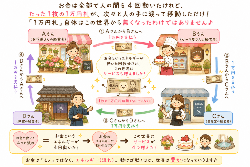 alt="お金の循環とは何かを、Aさん・Bさん・Cさん・Dさんの4人の取引を例に、1枚の1万円札がお金のエネルギーとして人から人へ流れ、そのたびにサービスや価値が生まれ、世の中の豊かさが増える仕組みを解説した可愛い説明イラスト"
