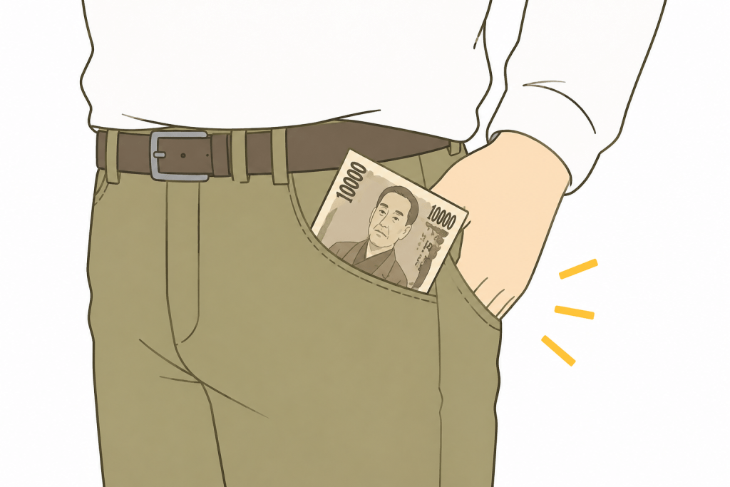 alt="お金を引き寄せるワークのために、ズボンのポケットに一万円札をそのまま入れて持ち歩く様子を描いたイラスト"