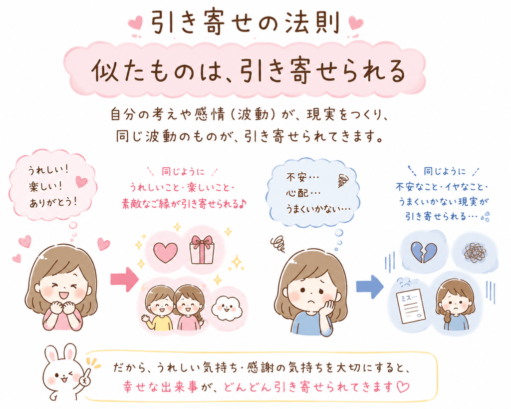 alt="引き寄せの法則の仕組みをわかりやすく説明したイラスト"
