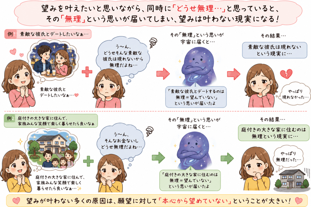 alt="引き寄せの法則で、願望に対して『どうせ無理』という思いを持ち続けると、その思いが現実化して願いが叶わなくなる仕組みと、『本心から望めていないこと』が願望実現を妨げる大きな原因であることを、恋愛とマイホームを例にわかりやすく説明したシンプルで可愛いイラスト"