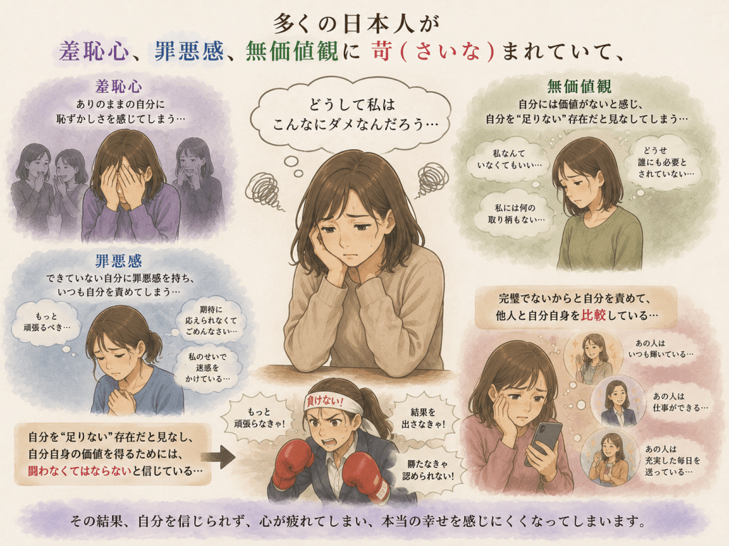 alt="羞恥心や罪悪感、無価値観から自分を「足りない存在」だと思い込み、他人と比較しながら価値を得るために努力し続ける人の心理を表現"