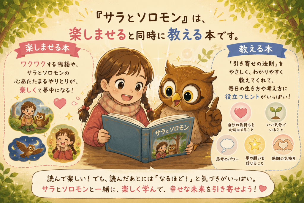 alt="『サラとソロモン』を読むサラとフクロウのソロモンを中心に、物語を楽しみながら引き寄せの法則や自分の気持ちを大切にする考え方を学べる本であることを紹介するイラスト"