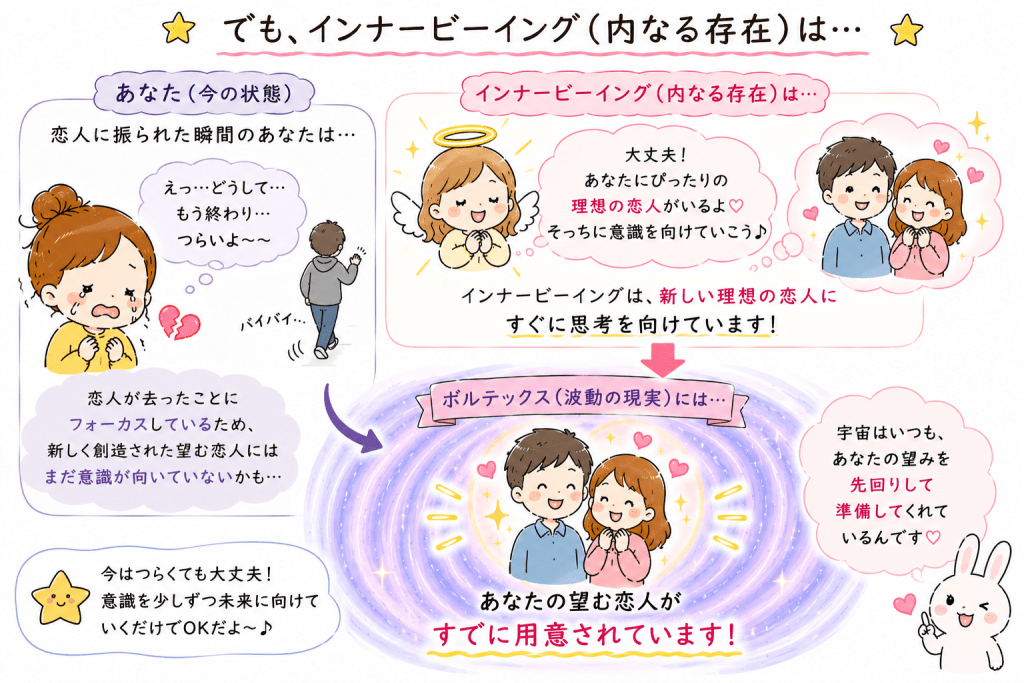 alt="インナービーイング（内なる存在）は失恋直後でもすぐに理想の恋人へ意識を向けており、ボルテックス（波動の現実）にはすでに望む恋人が用意されていることを解説した可愛いイラスト"