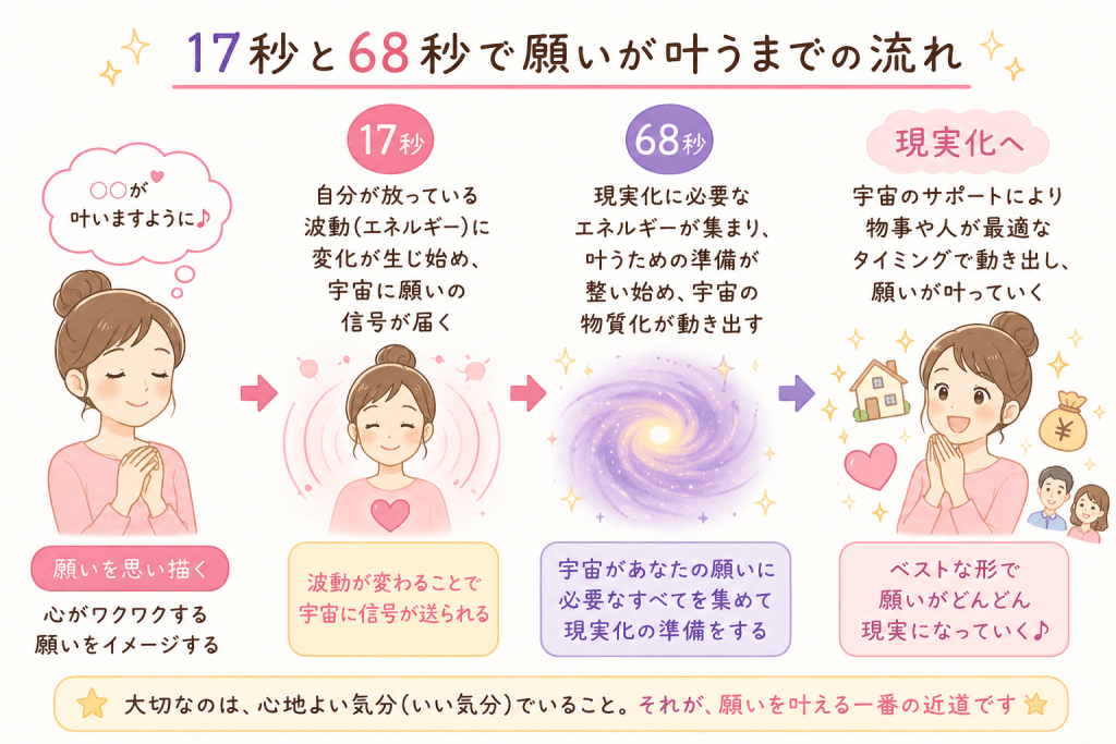 alt="エイブラハムの68秒の法則を図解。17秒で波動（エネルギー）が変化して宇宙へ願いの信号が届き、68秒で現実化に必要なエネルギーが集まり、願望実現へ向かう流れを説明したイラスト"
