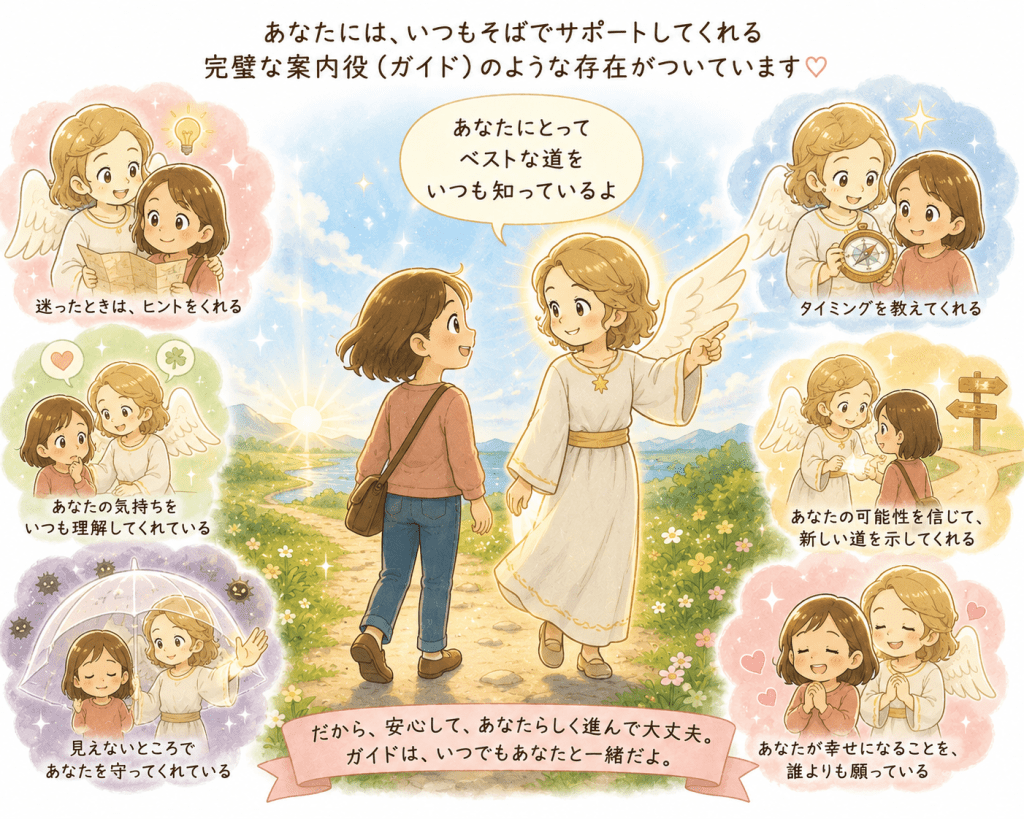 alt="人にはそれぞれ、自分にとって最善の道を知り、迷ったときに導きやヒントを与えながら、いつも見えないところで支えてくれる完璧なガイドがいることを表現したイラスト"