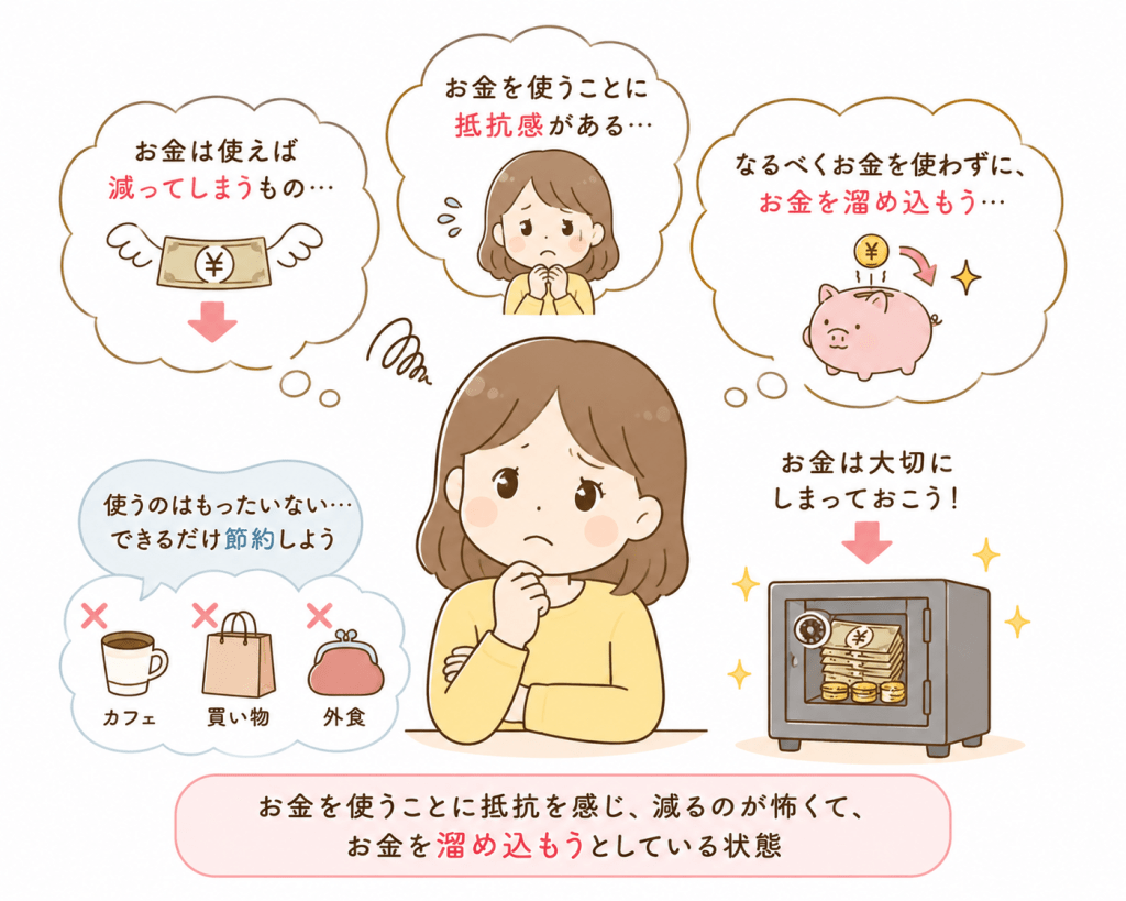 alt="「お金は使えば減るという思い込みから、お金を使うことに抵抗を感じ、なるべく貯め込もうと考えている人物を表現したシンプルで可愛い説明イラスト」"