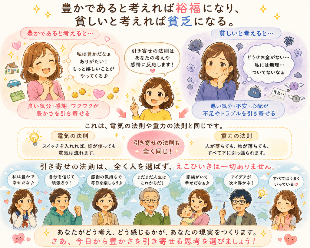 alt="引き寄せの法則は電気や重力の法則と同じように誰にでも平等に働き、豊かな思考は豊かさを、貧しい思考は不足を引き寄せることを説明したイラスト"