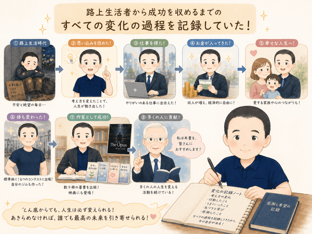 alt="路上生活をしていた男性が思い込みを改め、仕事や収入、幸せを得て作家として成功するまでのすべての変化をノートに記録していた過程を描いたイラスト"