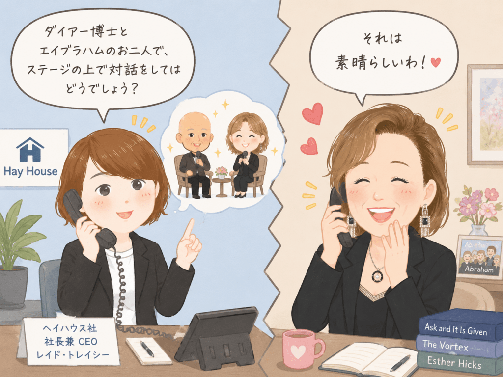  alt="ヘイハウス社CEOレイド・トレイシーがエスター・ヒックスに電話で、ダイアー博士とエイブラハムの対話イベントを提案する可愛いイラスト"
